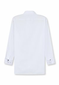 Weißes Langarmhemd mit klassischem Kragen, knöpfbaren Manschetten mit schwarzen Akzenten, glatter Textur und geradem Rückendesign.