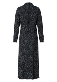 Robe midi noire à manches longues avec motif floral vert, col montant et taille froncée, vue de dos.