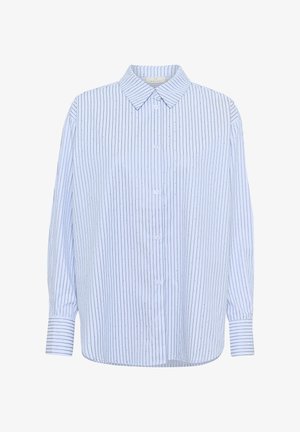 Šviesiai mėlynas mygtukų marškiniai su vertikaliomis juodomis juostelėmis ir mažomis dėmėmis, klasikiniu apykakle ir ilgomis rankovėmis. Lygi audinio tekstūra.