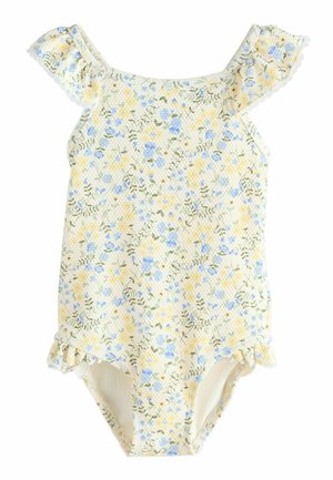 Világos sárga virágos egyrészes fürdőruha kék virágokkal. Fodros vállpántokkal és finom textúrájú anyagból készült. Enyhén fodros szegély a lábnyílásoknál.