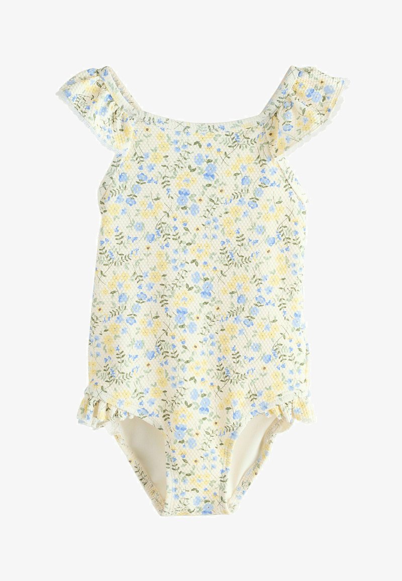 Maillot de bain une pièce floral en jaune clair avec des fleurs bleues. Comprend des bretelles à volants et un tissu finement texturé. Léger volant aux ouvertures des jambes.