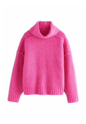 Pink knitted sweater with a high, rolled neckline, ribbed cuffs, and hem. Chunky texture and relaxed fit with dropped shoulder seams.