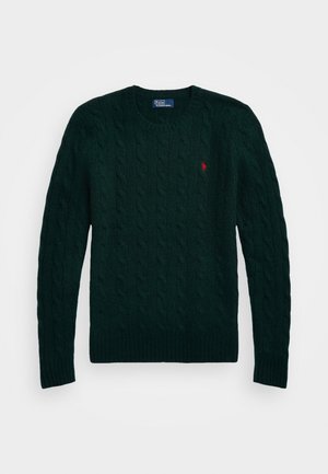 Pull à manches longues en maille torsadée vert foncé avec col rond et logo rouge brodé sur la poitrine gauche, étiquette Polo by Ralph Lauren à l’intérieur du col.