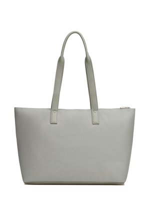 Sac cabas gris clair avec surface texturée, deux longues poignées et fermeture éclair en haut.