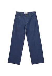 Blauwe denim jeans met rechte pijpen, voorknop en ritssluiting, twee voorkant zakken en riemlussen.