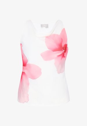 White sleeveless top with large soft pink floral prints on the sides and a draped neckline.
