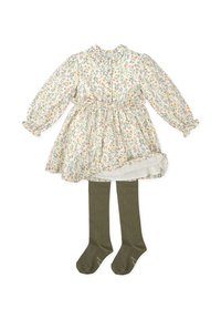 Vestido de estampado floral con mangas largas, cinturilla elástica y puños con volantes, combinado con medias verde oliva. Material de algodón, fondo claro.