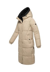Bežani dukserica dugih rukava s crnim unutrašnjim dijelom, kapuljačom, elastičnim manžetama i bočnim džepovima. Ima dijamantsku quilted strukturu i kopčanje na dugmad.