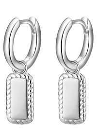 Srebrni uhani v obliki obroča vsebujejo pravokotno obešanko z zvito vrvico. Oblikovanje je polirano in sodobno.