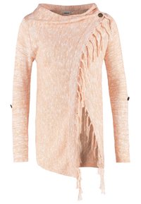 Pull en maille pêche avec un design drapé unique, doté d'un côté à franges, de boutons décoratifs et de manches longues. Texture douce et léger.