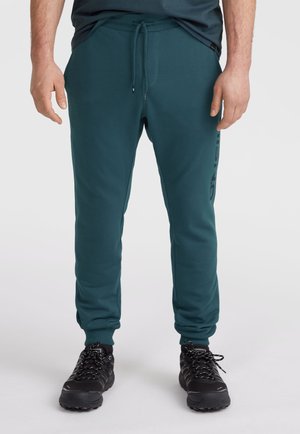 Teal sweatpants with a slim fit, drawstring waistband, and tapered cuffs. Features a subtle logo printed along the leg.