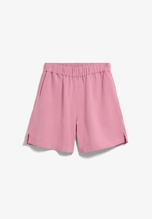 Roze short met elastische taille, zijzakken en kleine zijslits, gemaakt van lichtgewicht stof.
