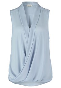Blusa senza maniche di un azzurro chiaro con scollatura a V, caratterizzata da tessuto drappeggiato e una vestibilità rilassata, realizzata in materiale morbido e leggero.
