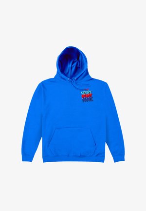Haut à capuche bleu vif avec poche frontale et logo "PEPSI" coloré en texte superposé bleu, rouge et bleu clair sur le côté supérieur gauche de la poitrine.