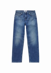 Vaqueros de mezclilla azul medio con un acabado desgastado. Diseño de pierna recta, cinco bolsillos y cierre de botón metálico. Detalles de costura a lo largo de las costuras.