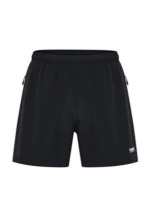 Schwarze Sportshorts mit elastischem Bund, zwei Seitentaschen und einem kleinen weißen Logo am unteren rechten Saum. Glatte Stoffstruktur.