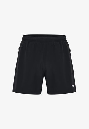 Schwarze Sportshorts mit elastischem Bund, zwei Seitentaschen und einem kleinen weißen Logo am unteren rechten Saum. Glatte Stoffstruktur.