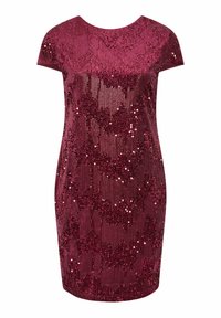Kortärmad, knälång klänning i djup burgundy med ett texturerat paljettmönster och mjukt stickat tyg. Urban passform, rund halsringning.