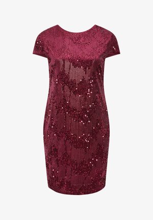 Robe à manches courtes, longueur genou, en bordeaux profond avec un motif de sequins texturé et un tissu tricoté lisse. Coupe urbaine, col rond.
