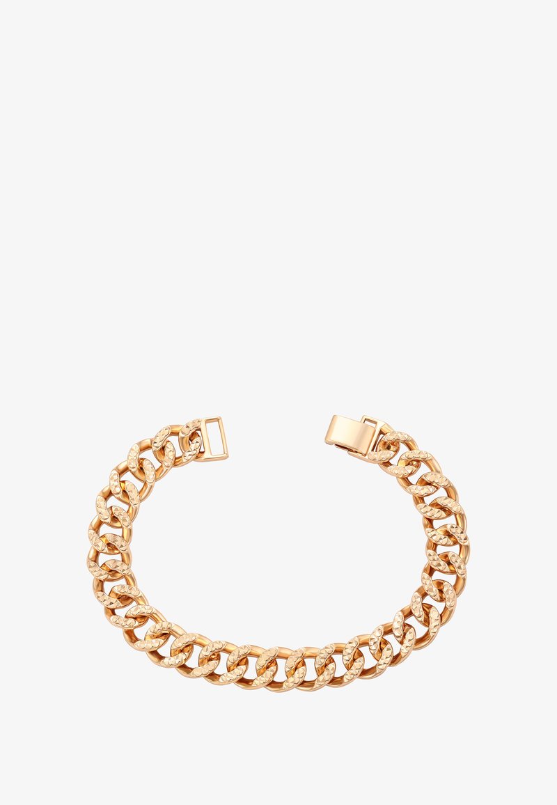 Arany színű lánc karkötő, texturált ovális szemekkel és téglalap alakú csattal, fehér háttér előtt bemutatva.