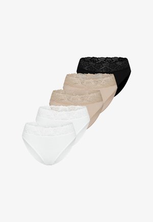 Cinq culottes bikini pour femmes avec bordure en dentelle en noir, beige et blanc, disposées en ligne diagonale avec chevauchement sur fond blanc.