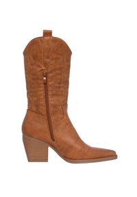 Bota de cowboy de cuero marrón con puntera afilada, cremallera lateral y tacón apilado. Presenta un sutil bordado y un caña alta.