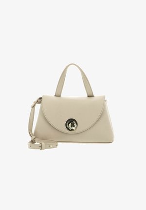 Beige leather handbag with top handle, detachable shoulder strap, and a circular gold-tone clasp on front flap.