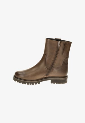 Brown leather ankle boot with a side zipper, rounded toe, ridged rubber sole, and contrasting stitching detail along the upper.