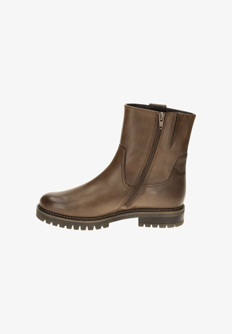 Botte cheville en cuir marron avec une fermeture éclair sur le côté, bout arrondi, semelle en caoutchouc striée et détail de couture contrastante sur l'empeigne.