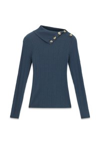 Granatowy sweter dziany o prążkowanej fakturze, z szerokim kołnierzem i złotymi ozdobami na ramieniu. Długie rękawy, dopasowany krój.