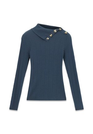 Granatowy sweter dziany o prążkowanej fakturze, z szerokim kołnierzem i złotymi ozdobami na ramieniu. Długie rękawy, dopasowany krój.