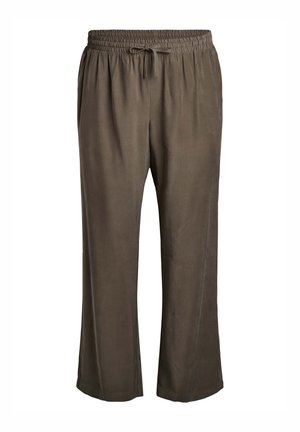 Pantalons légers et amples de couleur marron, avec une taille élastique et un cordon de serrage. Design à jambe droite et texture lisse.