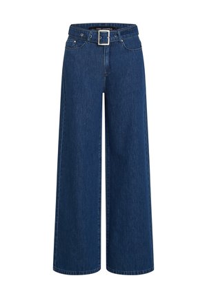 Wide-leg denim jeans in dark blue with a belt, five pockets, and stitching details. Smooth texture with a classic fit.