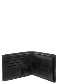 Črn usnjen portfelj z gladko teksturo, ki ima več predalov za kartice, predal za bankovce in gumbasto zapiranje na eni strani.