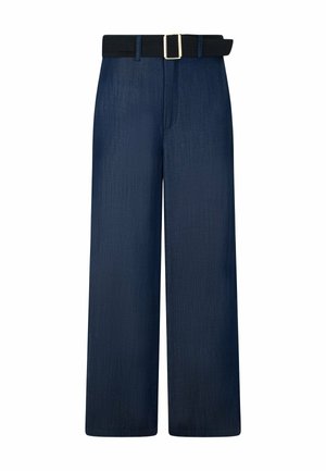Pantaloni blu navy a gamba larga con tasche davanti e cintura nera con fibbia rettangolare dorata.