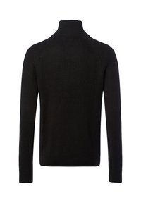 Pull à col roulé noir en maille à manches longues avec une texture côtelée, vu de dos sur fond blanc.