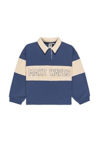 Modrý a béžový pulóver s golierom a dlhými rukávmi. Na prednej strane žltý nápis "MAKE WAVES". Mäkko bavlnené materiály, voľný strih.