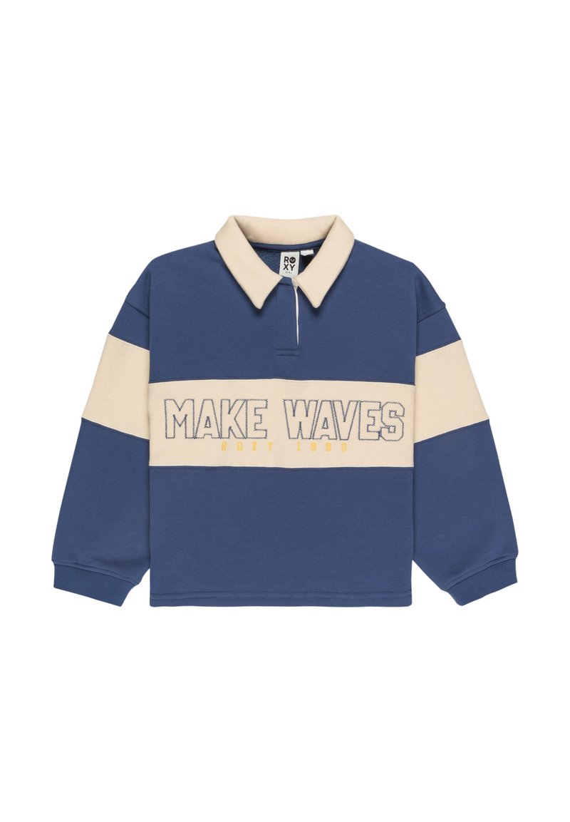 Modrý a béžový pulóver s golierom a dlhými rukávmi. Na prednej strane žltý nápis "MAKE WAVES". Mäkko bavlnené materiály, voľný strih.