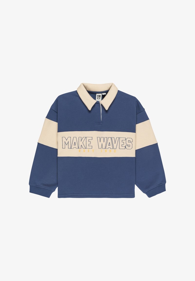 Pulóver azul y beige con cuello y mangas largas. Texto "MAKE WAVES" en amarillo en la parte frontal. Material de algodón suave, corte relajado.