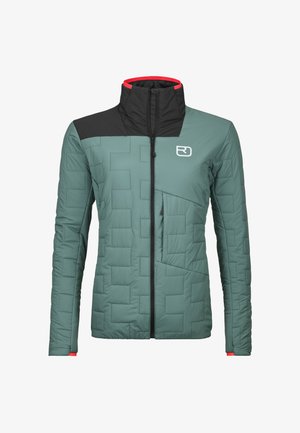 Green quilted jacket with black collar and accents. Features zip closure, side pocket, and red trim on collar and cuffs. Smooth texture.