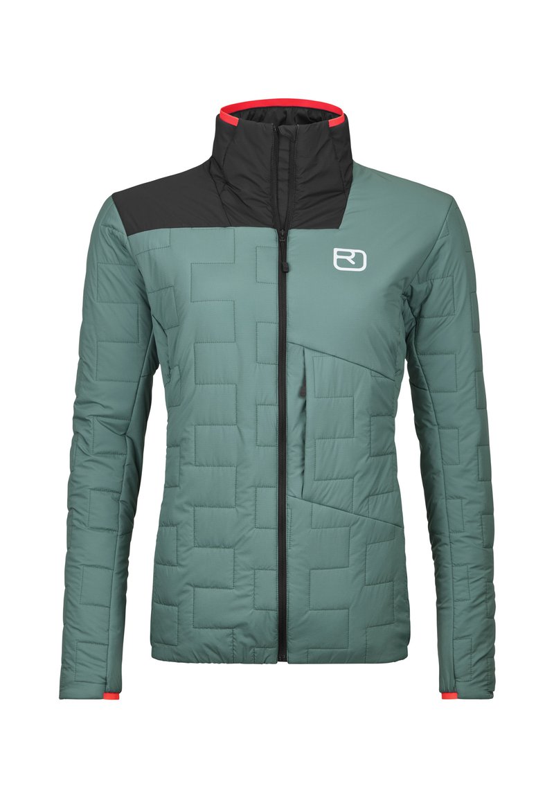 Grüne gesteppte Jacke mit schwarzem Kragen und Akzenten. Verfügt über einen Reißverschluss, seitliche Taschen und rote Akzente am Kragen und an den Bündchen. Glatte Textur.