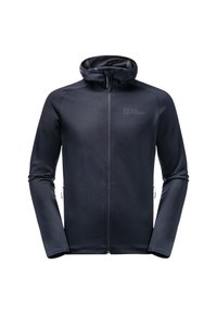 Giacca in fleece nera con zip, colletto alto, tasche laterali doppie e logo sul petto. Texture liscia e design aderente.