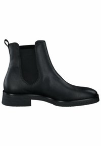 Botte Chelsea en cuir noir avec panneaux latéraux élastiques, bout arrondi, semelle plate et languette à l'arrière ; texture lisse avec coutures minimales.