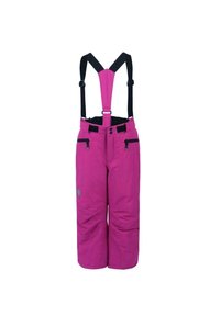 Lila skidbyxor med justerbara svarta hängslen, fickor med dragkedja och förstärkta fållar. Strukturerad tyg med en slät yta.