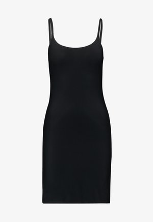 Schwarz ärmelloses Kleid mit rundem Ausschnitt, figurbetonter Silhouette und glattem Stoff. Minimalistisches Design ohne zusätzliche Muster oder Verzierungen.