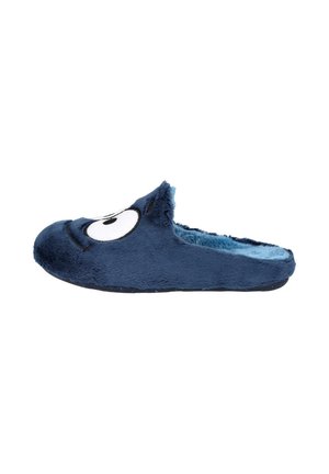 Pantufla de felpa azul con punta redondeada, que presenta un diseño de cara de dibujos animados. Con un forro interior suave y un respaldo elástico para mayor comodidad.
