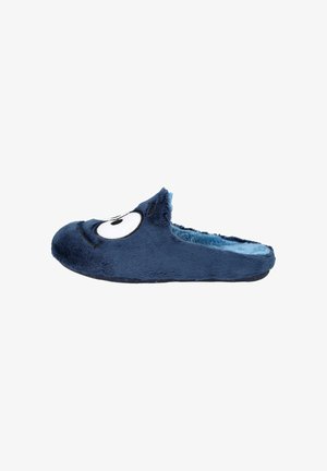 Pantufla de felpa azul con punta redondeada, que presenta un diseño de cara de dibujos animados. Con un forro interior suave y un respaldo elástico para mayor comodidad.