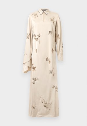 Rochie bej cu mânecă lungă, cu guler, având broderie florală și paiete. Țesătură moale, fluidă, cu o siluetă dreaptă.