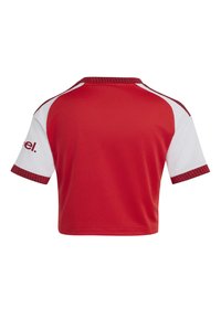 Maillot de sport rouge et blanc à manches courtes avec col et poignets rouges à motifs, vu de dos.
