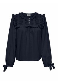 Blouse à manches longues navy avec un col et des poignets volantés, dotée d'un plastron à boutons et d'un panneau avant texturé. Tissu doux et léger.